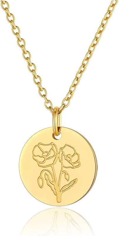 Necklaces for Women with Birthstone Stainless Steel/Gold Plated/Sterling Silver Jan. to Dec. Guardian Month Floral Pendant Custom Engraved Dainty Jewelry + Gift Box
