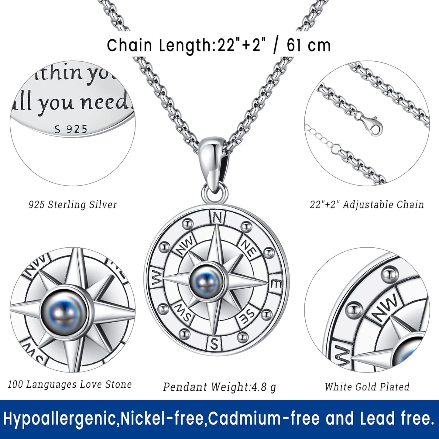 Compass Necklace for Women Men 925 Sterling Silver Pendant Urn Necklaces for Ashes Picture Locket Necklace Anchor Necklace Viking Necklace Crystals CZ Moonstone Abalone Shell Turquoise Compass Jewelry