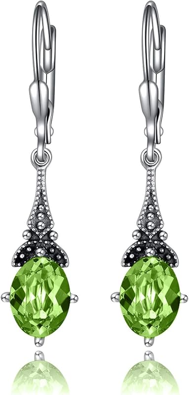 Retro Earrings Female Sterling Silver Retro Pendant Earrings with 8x6mm oval authentic or simulated birthstone crystal from Austria, anniversary jewelry gift for her woman.