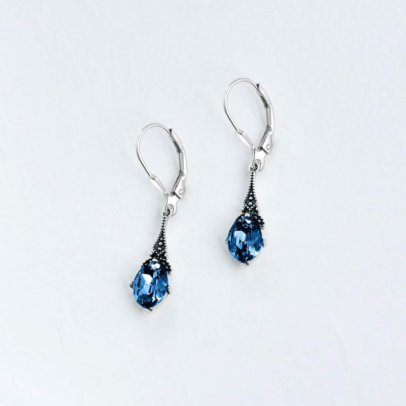 Retro Earrings Female Sterling Silver Retro Pendant Earrings with 8x6mm oval authentic or simulated birthstone crystal from Austria, anniversary jewelry gift for her woman.