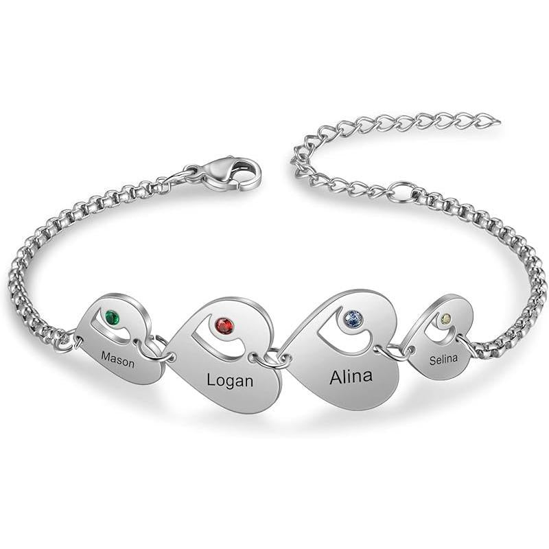 Personalized Custom Name Heart Bracelet with 1-6 Birthstones Love Bracelet for Women Engraved Names Link Bracelets for Mother's Day Mom
