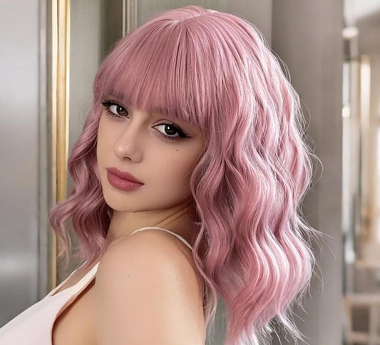 Pastel Wavy Wig With Air Bangs Women's Short Bob Purple Pink Wigs Curly Wavy Shoulder Length Pastel Synthetic Bob Wig for White Women Girls Daily Use Colorful Wigs(12", Purple Pink)