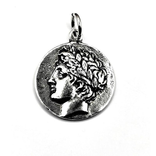 Handmade sterling silver 925 ancient Greek commemorative coin Apollo pendant, no necklace.