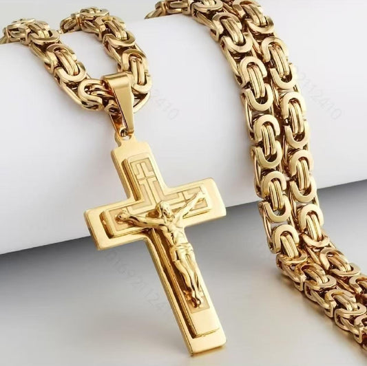 Titanium Steel Cross Pendant Byzantine Necklace for Men - Chunky Cuban Imperial Chain, Hip Hop Style, Ideal for Parties, Carnivals, Christmas, and Easter.