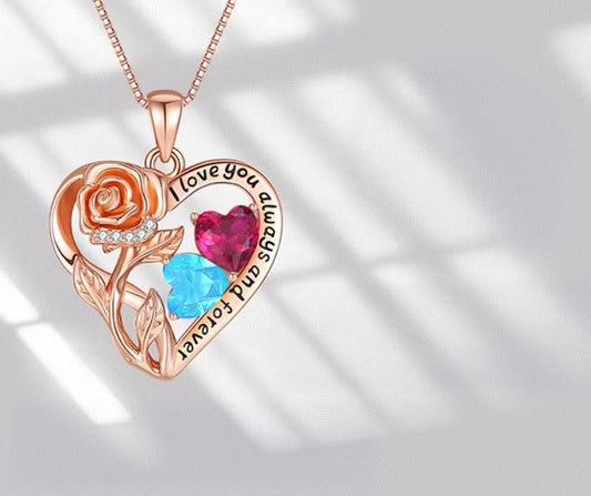 Rose Blooming Double Birthstone Pendant Customized Rose Gold Necklace, Light and Cool yet Durable Jewelry, Birthday/Anniversary Gift for Your Beloved