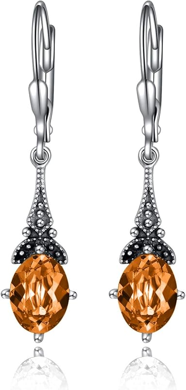 Retro Earrings Female Sterling Silver Retro Pendant Earrings with 8x6mm oval authentic or simulated birthstone crystal from Austria, anniversary jewelry gift for her woman.