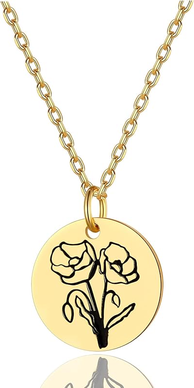 Necklaces for Women with Birthstone Stainless Steel/Gold Plated/Sterling Silver Jan. to Dec. Guardian Month Floral Pendant Custom Engraved Dainty Jewelry + Gift Box