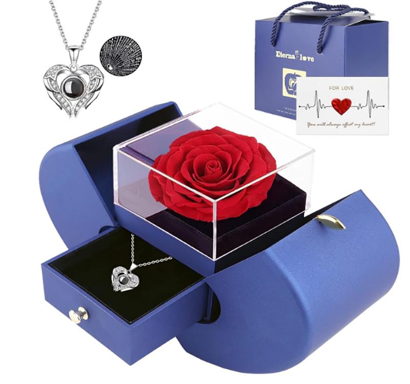 Valentine's Day Forever Rose Set I Love You Necklace 100 Languages, Gift for Wife Girlfriend Mum Lady Her, Plastic, Acrylic