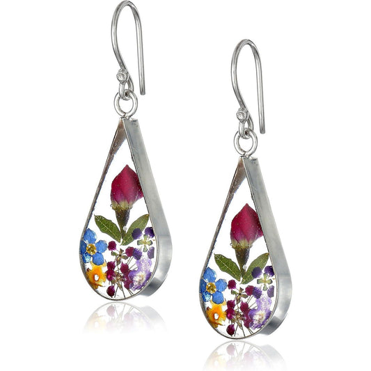 Sterling Silver Pressed Flower Teardrop Earrings
