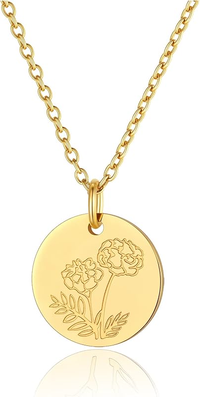 Necklaces for Women with Birthstone Stainless Steel/Gold Plated/Sterling Silver Jan. to Dec. Guardian Month Floral Pendant Custom Engraved Dainty Jewelry + Gift Box