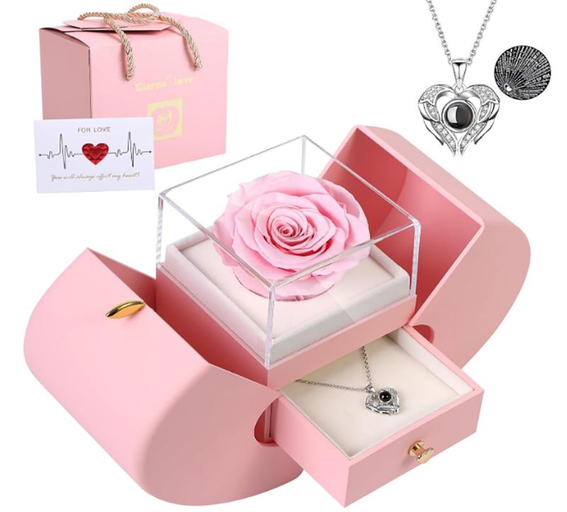Valentine's Day Forever Rose Set I Love You Necklace 100 Languages, Gift for Wife Girlfriend Mum Lady Her, Plastic, Acrylic