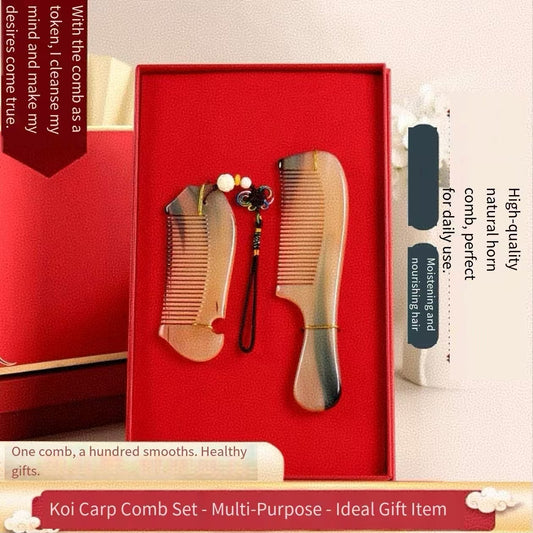 Cow horn comb female gift box Tanabata Valentine's Day gift massage comb for mother wife girlfriend birthday gift female koi comb-two sets