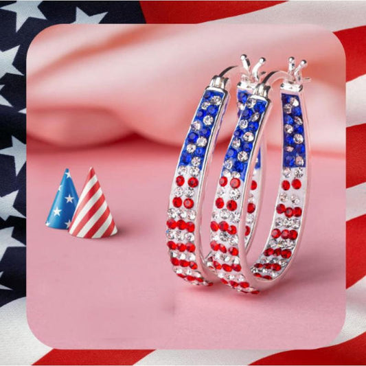 Crystal Hoop Earrings for Women Sparkly American Flag Earrings Silver Plated Red White and Blue Earrings Patriotic Jewelry Gift