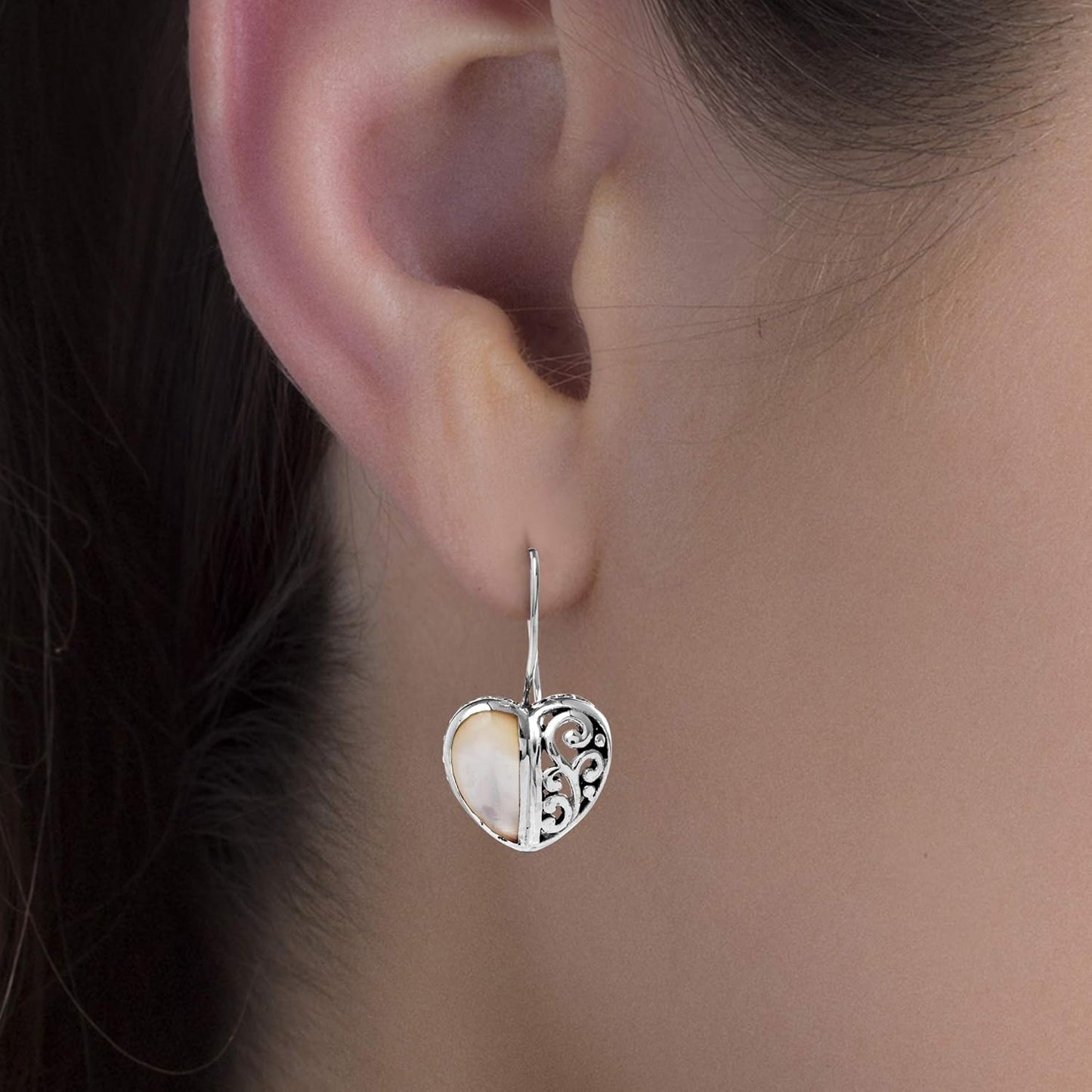 Rhodium Plated Oxidized Sterling Silver Mother of Pearl Filigree Heart Drop Earrings for Women