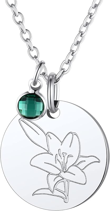 Necklaces for Women with Birthstone Stainless Steel/Gold Plated/Sterling Silver Jan. to Dec. Guardian Month Floral Pendant Custom Engraved Dainty Jewelry + Gift Box