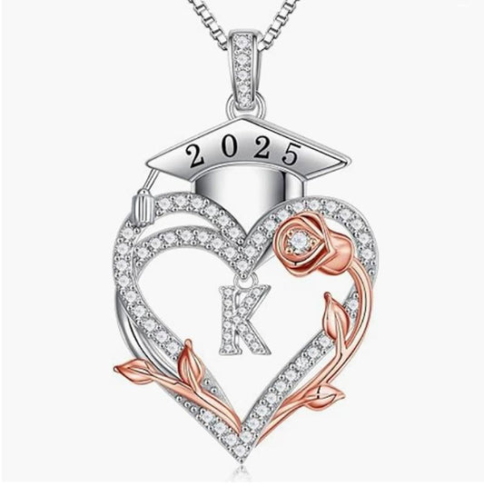 2025 Graduation Gift for Her - S925 Sterling Silver Rose Heart Graduation Necklace High School Graduation Gift for Her Ladies Girls