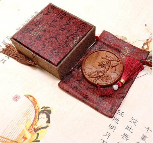 Rosewood carving round mirror carry-on make-up mirror female retro wedding birthday gift handheld ancient style small mirror portable rosewood mirror [green lotus] plus cloth bag gift box