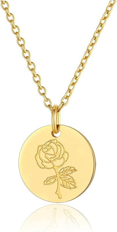 Necklaces for Women with Birthstone Stainless Steel/Gold Plated/Sterling Silver Jan. to Dec. Guardian Month Floral Pendant Custom Engraved Dainty Jewelry + Gift Box