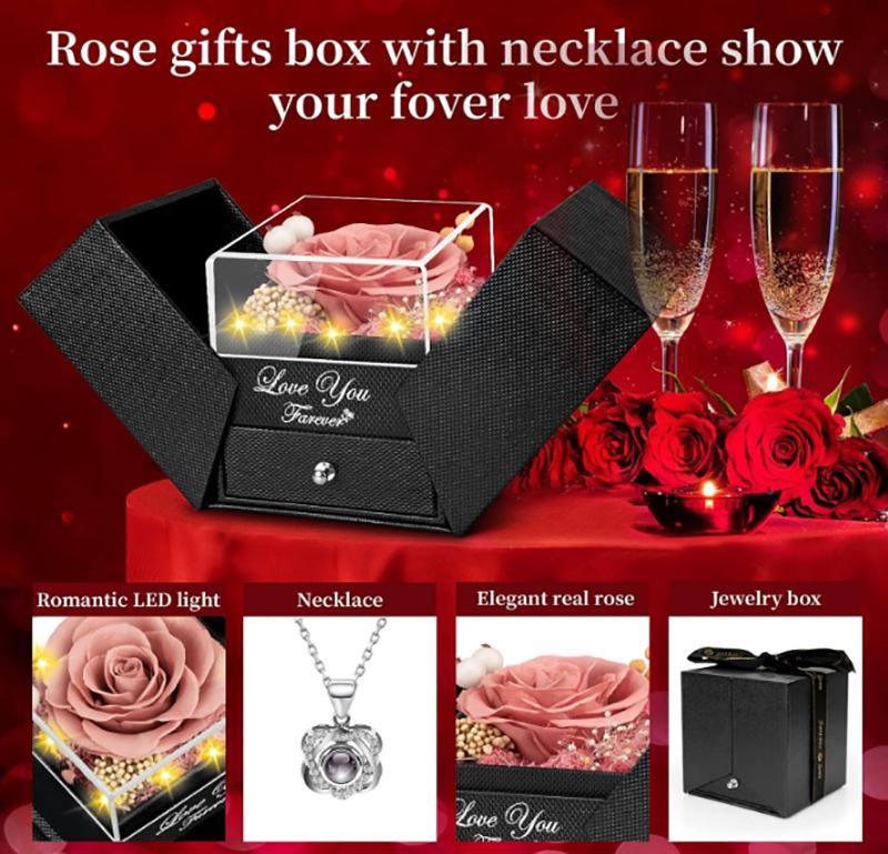 Eternal Red True Rose and Heart I Love You Necklace-Eternal Flower Rose Birthday Gift for Women Her Mother, Wife, Girlfriend Grandma Valentine's Day Mother's Day Christmas Anniversary Romance