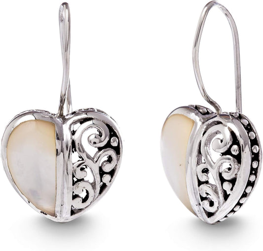 Rhodium Plated Oxidized Sterling Silver Mother of Pearl Filigree Heart Drop Earrings for Women