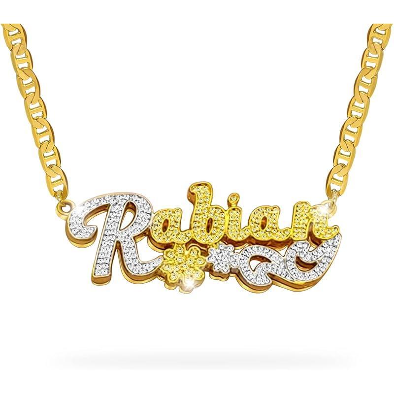 Double Plated Name Necklace Personalized Custom Nameplate Pendant Necklace Personalized Name Jewelry for Women Men Birthday Gifts