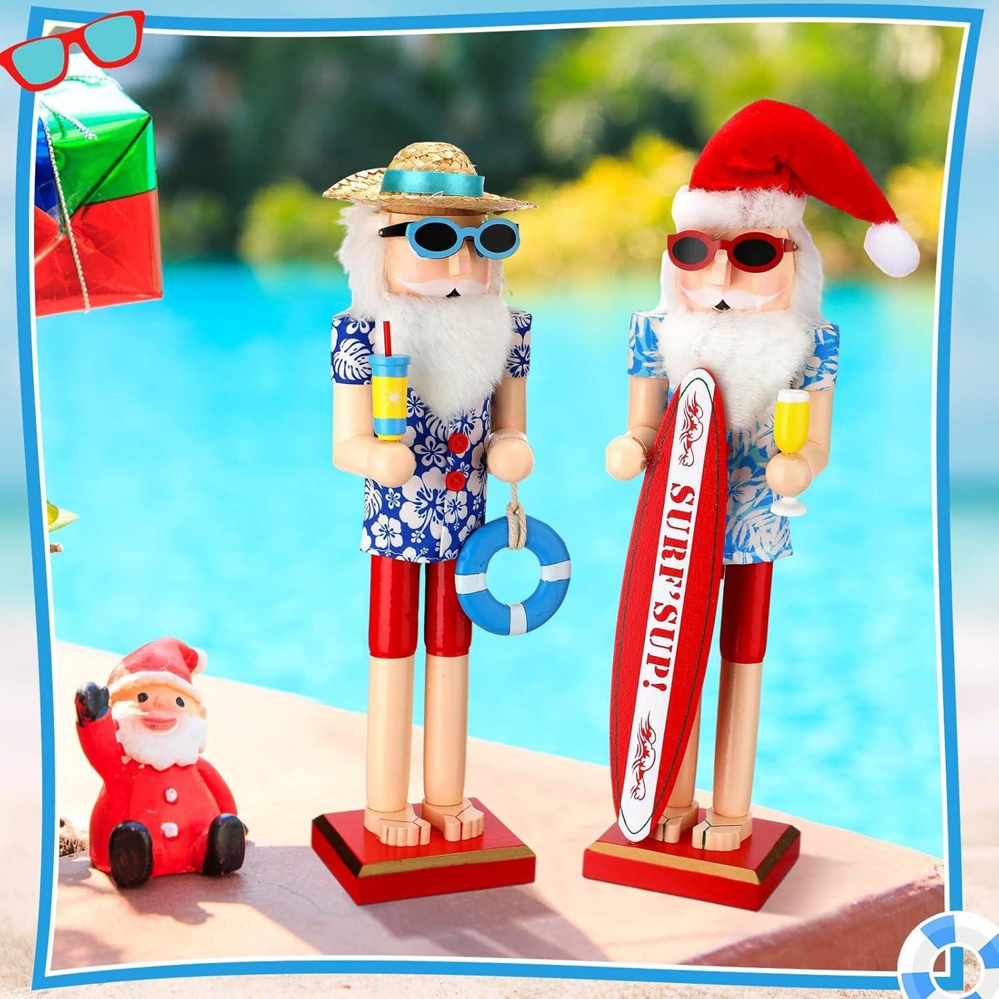 15 Inch Surfer Santa Nutcracker Wooden Summer Hawaii Christmas Nutcracker Figures, Large Beach Xmas Tabletop Centerpieces Festival Shelves Decorations