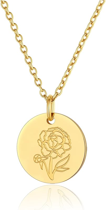 Necklaces for Women with Birthstone Stainless Steel/Gold Plated/Sterling Silver Jan. to Dec. Guardian Month Floral Pendant Custom Engraved Dainty Jewelry + Gift Box