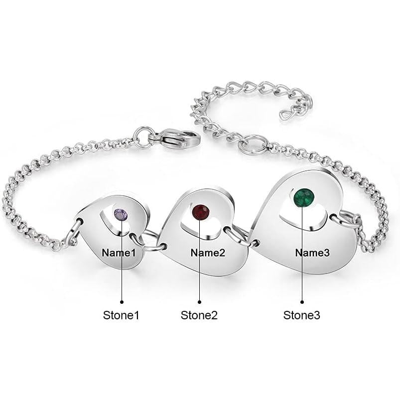 Personalized Custom Name Heart Bracelet with 1-6 Birthstones Love Bracelet for Women Engraved Names Link Bracelets for Mother's Day Mom