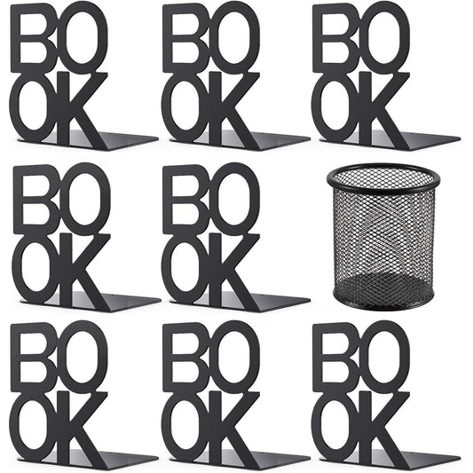 4 pairs of bookends, bookshelves with bookends, bookshelves with bookends