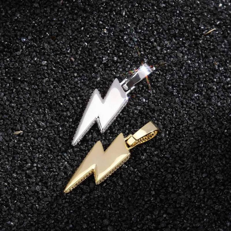 Hip Hop Lightning Bolt Design Pendant 18k Gold Plated Iced Out Cubic Zirconia Pendant Necklace with Micropave Simulated Diamond for Men Women