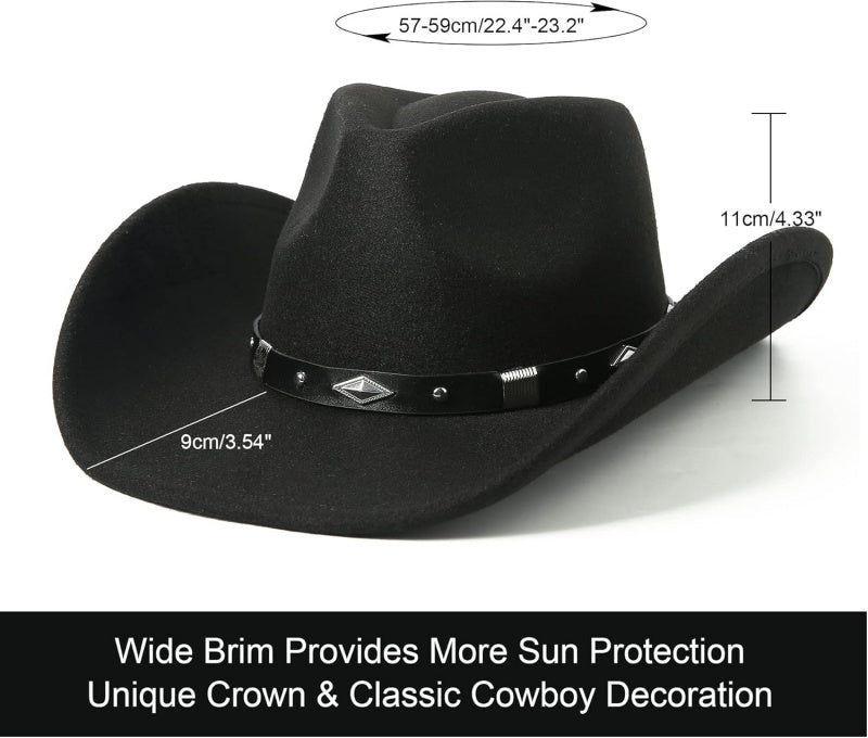 Women Men Classic Felt Wide Brim Western Cowboy Cowgirl Hat with Belt Buckle