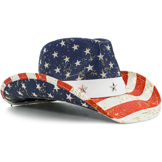 American Flag Cowboy Cowgirl Hat Patriotic USA Western Hat 4th of July Party Parade Rodeo Cowgirl Outfit for Women, Blue Gold Shine