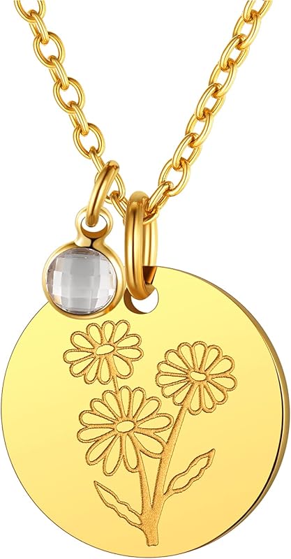 Necklaces for Women with Birthstone Stainless Steel/Gold Plated/Sterling Silver Jan. to Dec. Guardian Month Floral Pendant Custom Engraved Dainty Jewelry + Gift Box