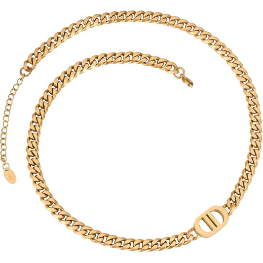 Womens 18K Real Gold Plated Initial Necklace Choker with Double D Letter, 6mm 316L Stainless Steel Cuban Link Chain, Birthday Valentine's Day & Mother's Day Gift