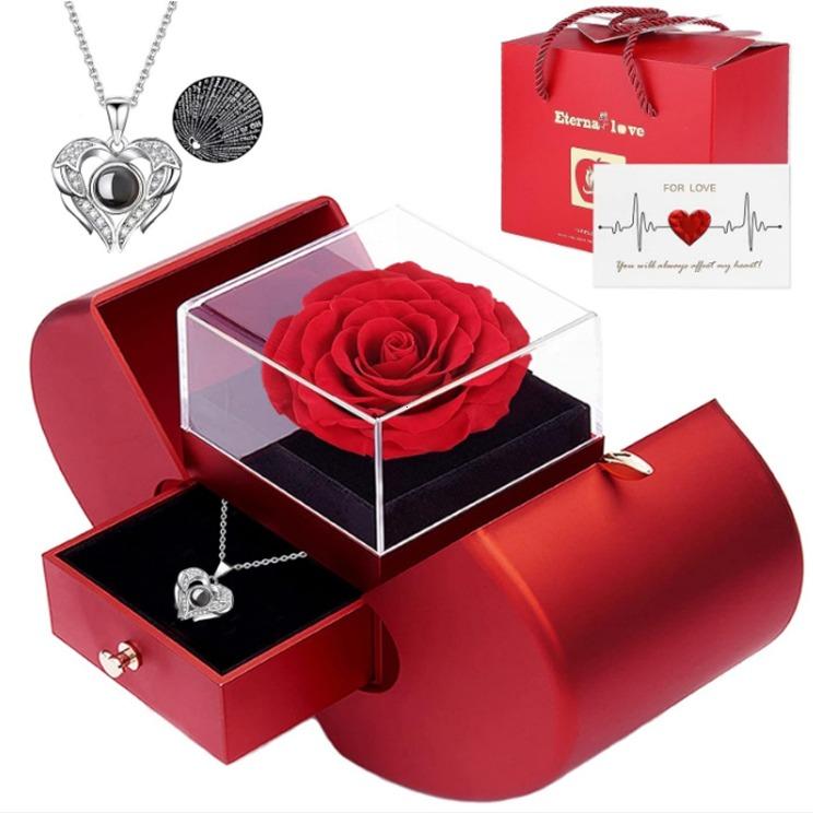 Valentine's Day Forever Rose Set I Love You Necklace 100 Languages, Gift for Wife Girlfriend Mum Lady Her, Plastic, Acrylic