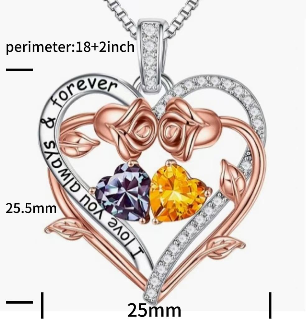 Twin Roses Heart Pendant Necklace – Personalized Two-Stone 925 Silver Jewelry, Elegant & Comfortable Wear, Perfect Romantic Gift for Her