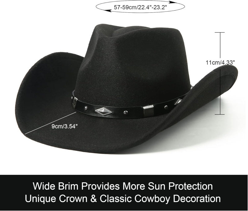 Women Men Classic Felt Wide Brim Western Cowboy Cowgirl Hat with Belt Buckle