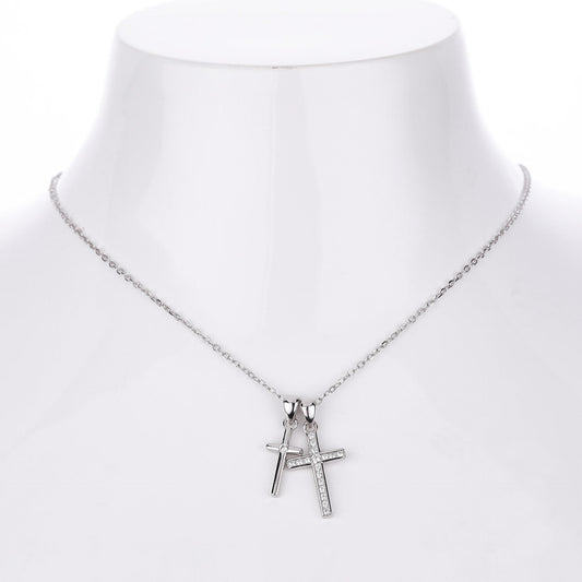 925 Sterling Silver Double Cross Pendant Necklace – Gold & Silver Plated Chain with 5A Zirconia