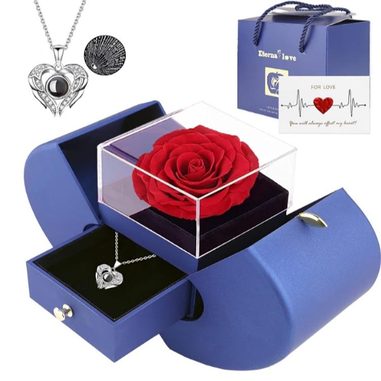 Valentine's Day Forever Rose Set I Love You Necklace 100 Languages, Gift for Wife Girlfriend Mum Lady Her, Plastic, Acrylic