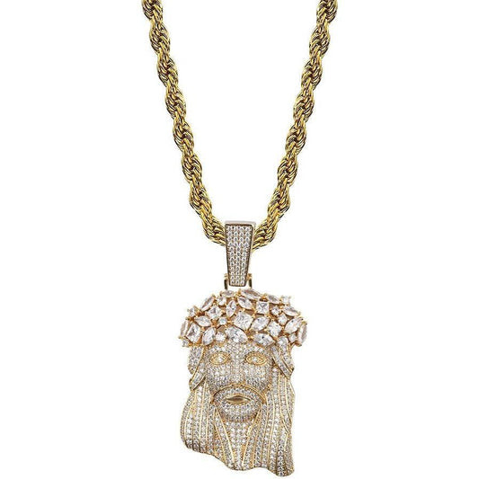Jesus Pendant Necklace Rope Gold Chain for Men Iced out 14K Gold Plated Simulated Diamond Chain Stainless Steel Chain 24 inch