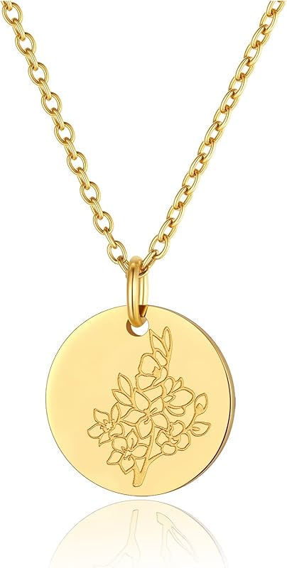 Necklaces for Women with Birthstone Stainless Steel/Gold Plated/Sterling Silver Jan. to Dec. Guardian Month Floral Pendant Custom Engraved Dainty Jewelry + Gift Box