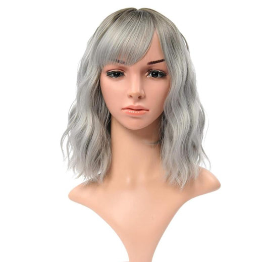 Color Natural Wavy Wig With Air Bangs Black to Gray Colorful Short Bob Wigs for Women's Shoulder Length Wigs Curly Wavy Cosplay Wig Bob Wig for Girls(12",Black-Gray)