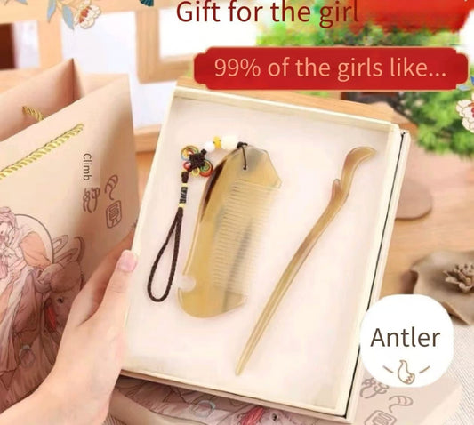 Natural cow horn comb hairpin birthday gift 520 Valentine's Day to send girlfriend mother teacher girlfriends practical upscale Sprouts-comb hairpin two sets