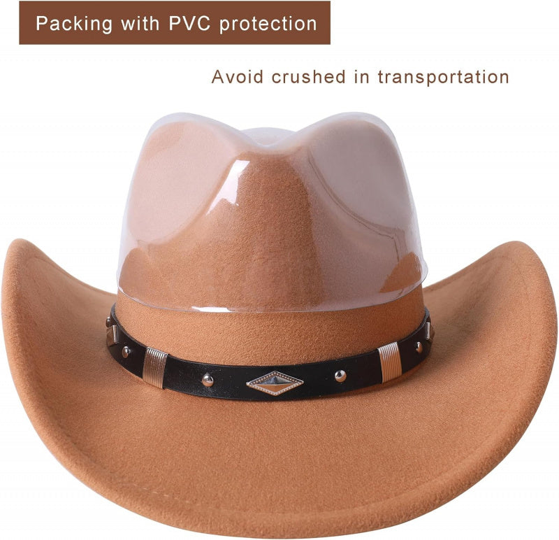 Women Men Classic Felt Wide Brim Western Cowboy Cowgirl Hat with Belt Buckle