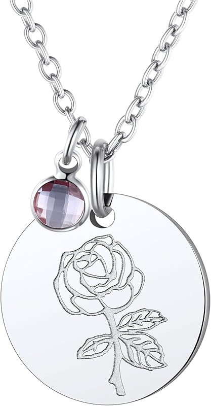 Necklaces for Women with Birthstone Stainless Steel/Gold Plated/Sterling Silver Jan. to Dec. Guardian Month Floral Pendant Custom Engraved Dainty Jewelry + Gift Box
