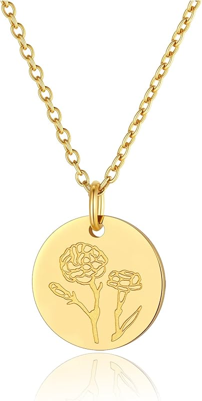 Necklaces for Women with Birthstone Stainless Steel/Gold Plated/Sterling Silver Jan. to Dec. Guardian Month Floral Pendant Custom Engraved Dainty Jewelry + Gift Box