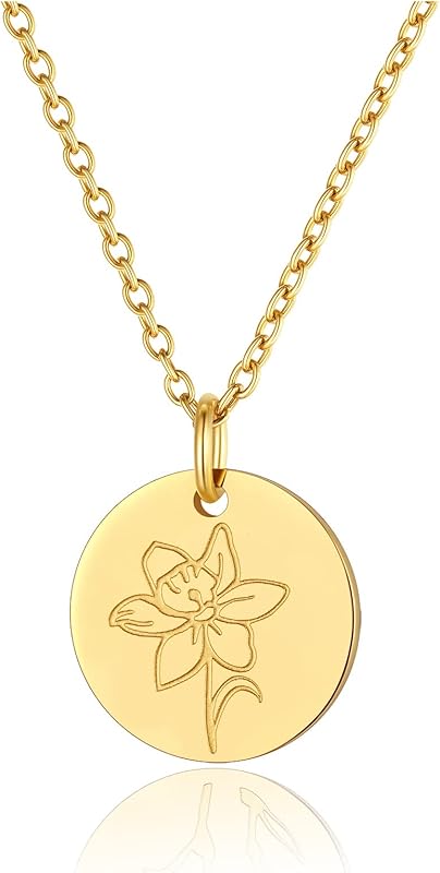 Necklaces for Women with Birthstone Stainless Steel/Gold Plated/Sterling Silver Jan. to Dec. Guardian Month Floral Pendant Custom Engraved Dainty Jewelry + Gift Box