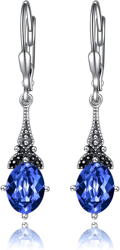 Retro Earrings Female Sterling Silver Retro Pendant Earrings with 8x6mm oval authentic or simulated birthstone crystal from Austria, anniversary jewelry gift for her woman.