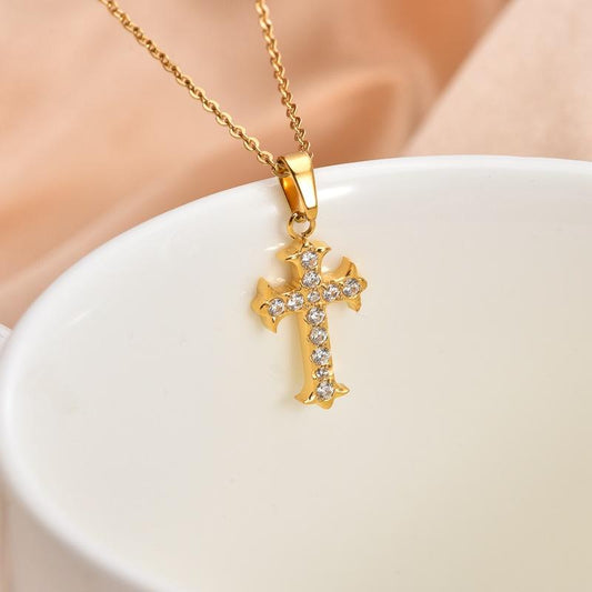 tainless Steel Cross Gold Necklace - Plated Necklace with Shiny Cubic Zirconia, Fashionable Party - Ready Versatile Jewelry, Trendy Unisex Valentine's and Christmas Gift.