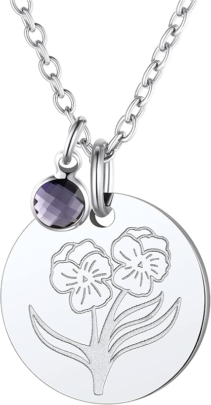 Necklaces for Women with Birthstone Stainless Steel/Gold Plated/Sterling Silver Jan. to Dec. Guardian Month Floral Pendant Custom Engraved Dainty Jewelry + Gift Box